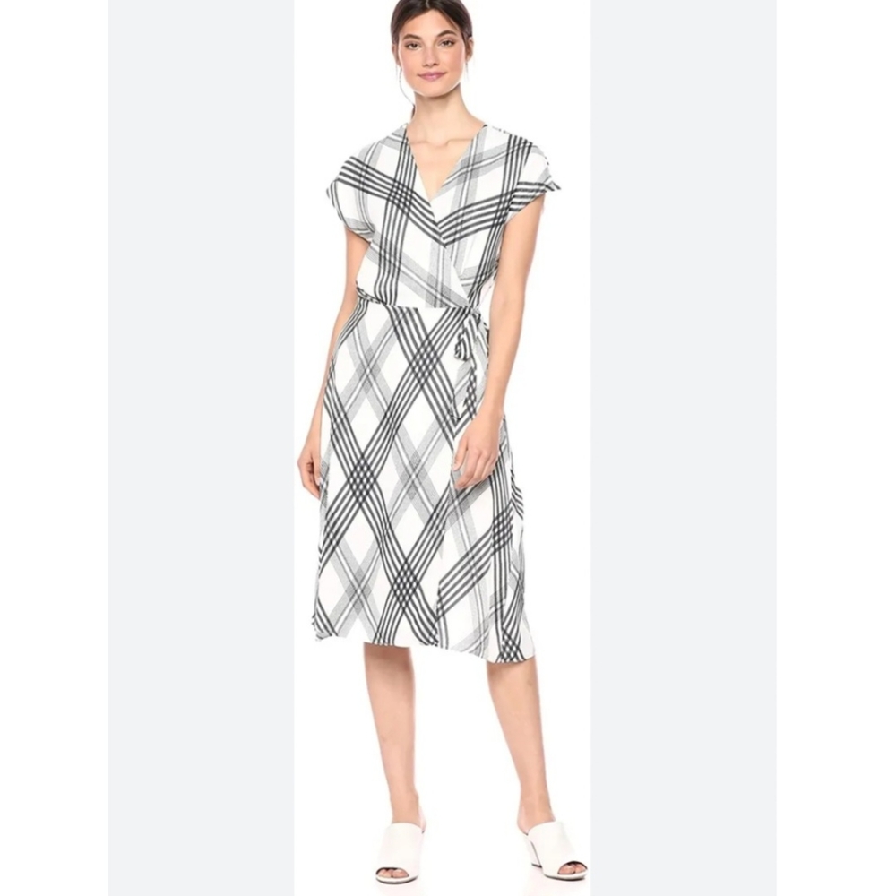Joie Bethwyn Windowpane Wrap Midi Office Dress Sz S white navy